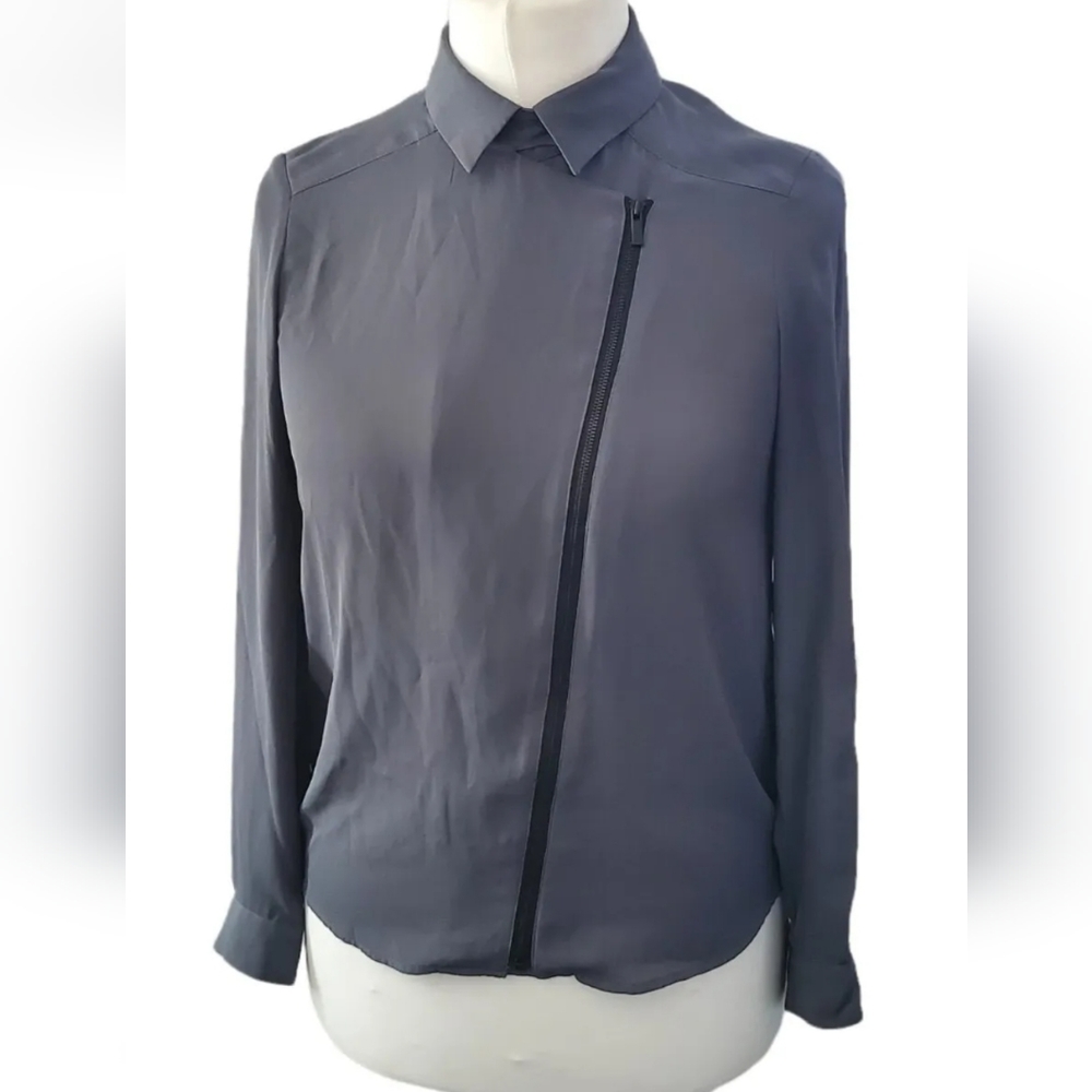 The Kooples Grey Shirt Blouse Top Diagonal Zip Front detail 1 10 uk - Picture 2 of 6
